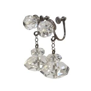 Vintage Art Deco Rock Quartz Crystal Sterling Silver Dangle Screw Back Earrings‎